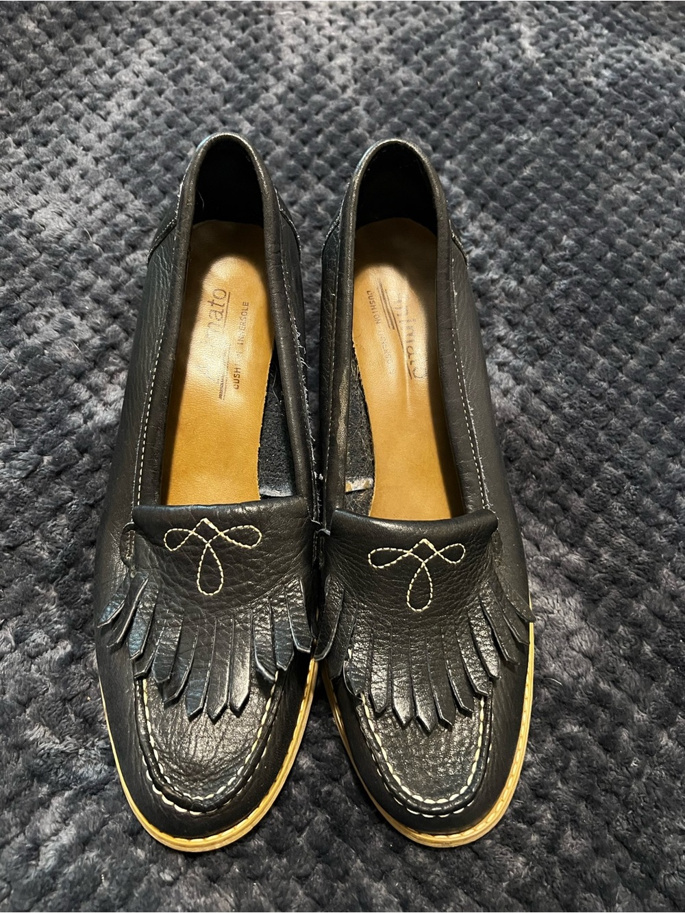 Vintage Animato Black Leather Fringe Loafers with Contrast Stitching